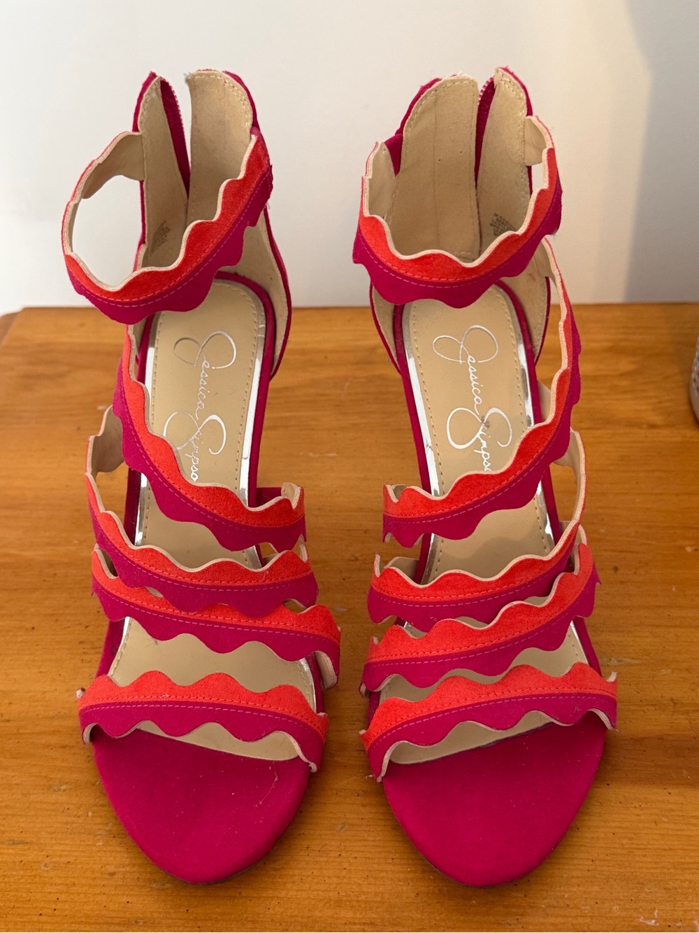 Jessica Simpson Pink and Orange Wavy Strap Heels